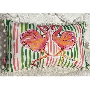Lilly Pulitzer Pink Flamingo Pillow Indoor Outdoor Pom Pom Fringe 20X12 GORGEOUS